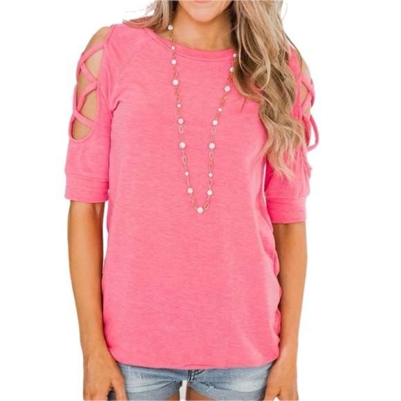 Once Upon A Time Criss Cross Sleeve Top-‎ Ultra Pink - Picture 1 of 10
